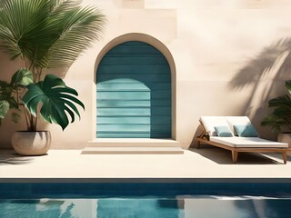 Obraz na płótnie Canvas Tropical summer background with concrete wall, pool and palm leaf. Luxury hotel resort exterior. Outdoor vacation holiday house scene.