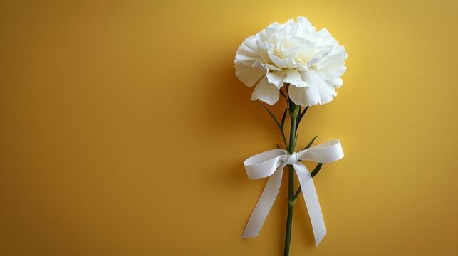A refreshing yellow background with a single bright white carnation. Decorated elegantly with a white bow tied around the stem at the corner. Mixing simplicity with sophistication