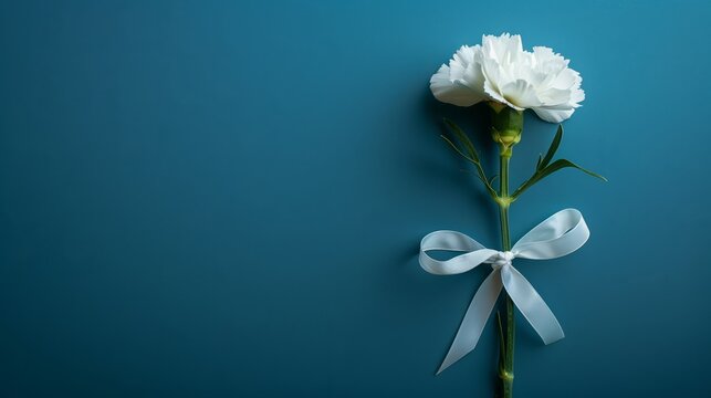 A refreshing blue background with a single bright white carnation. Decorated elegantly with a white bow tied around the stem at the corner. Mixing simplicity with sophistication