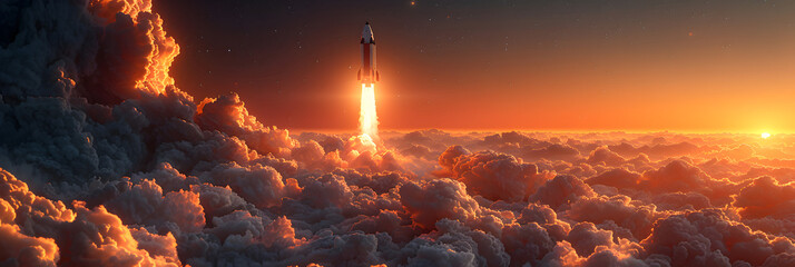 Rocket flies through the clouds at sunset,
Rocket ship sleek design speeding through a galaxy filled with colorful nebulae