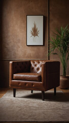 A leather armchair is featured against an empty earthy brown wall in the living room.