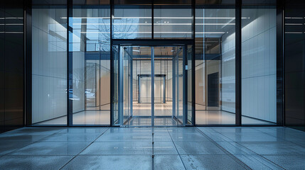Sleek glass-fronted building entrance with transparent walls and sliding glass doors.