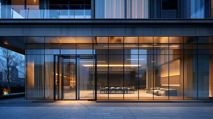 Stylish glass facade of a building with sleek sliding glass doors, epitomizing modernity. - obrazy, fototapety, plakaty