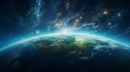 Planet Earth with detailed relief and atmosphere. Blue space background with earth and galaxy.