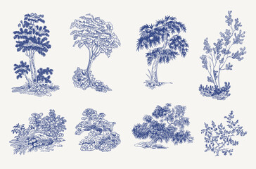 Set of trees and bushes. Vector vintage illustration. Blue and white