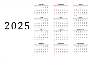 Calendar 2025 in black and white week starting on sunday ready