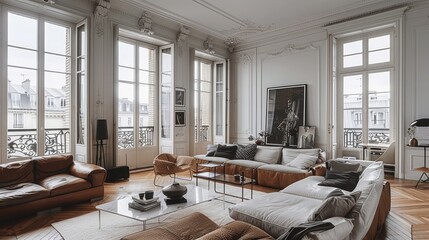 Scandinavian home interior design of modern living room in parisian apartment. - obrazy, fototapety, plakaty