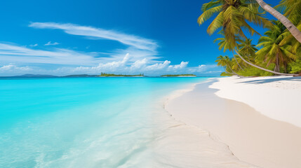  Tropical beach. Summer vacation on a tropical island with beautiful beach and palm trees. Tropical...