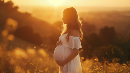 Beautiful pregnant woman in white dress standing in the golden field at sunset or sunrise at summer time. The young expecting mother holding baby in pregnant belly. Generative AI. - obrazy, fototapety, plakaty
