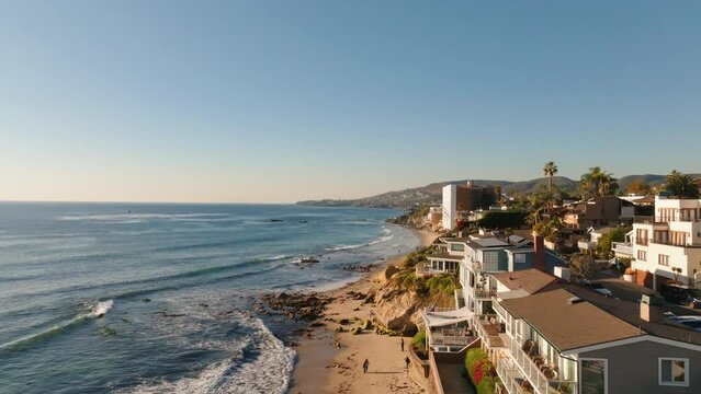 Southern California Coastal Beach Town City. Ocean Front Homes Aerial Drone Footage Laguna, La Jolla, San Clemente