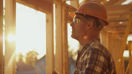 Caucasian contractor inspecting wood frame, busy site background, soft early light, front shot, - obrazy, fototapety, plakaty