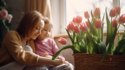 photo of child and mother sitting together. exchange tulip flowers. mothers day concept.