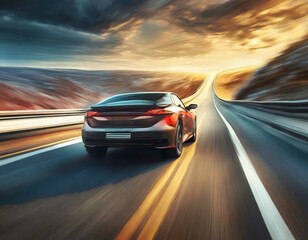 Fototapeta na wymiar Dynamic motion blur of a car driving fast on an open road with a vibrant sunset background