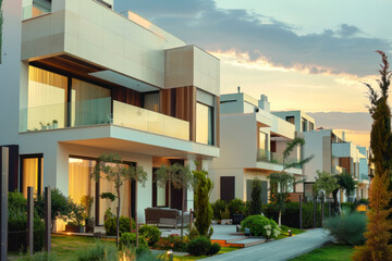 House building and city construction concept: evening outdoor urban view of modern real estate homes.