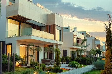 Obraz premium House building and city construction concept: evening outdoor urban view of modern real estate homes.