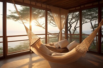 Hanging Hammock Haven: Dreamy Beachfront Bedroom Relaxation Spot