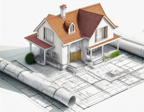 3d illustration of a house merging with its architectural blueprints, symbolizing design and planning