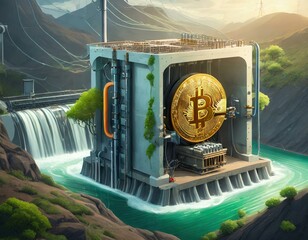 Imaginative illustration of a sustainable cryptocurrency mining rig powered by a waterfall, using green energy from a hydroelectric plant