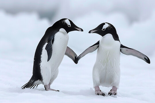 A pair of penguins engaged in a courtship dance, their movements graceful.