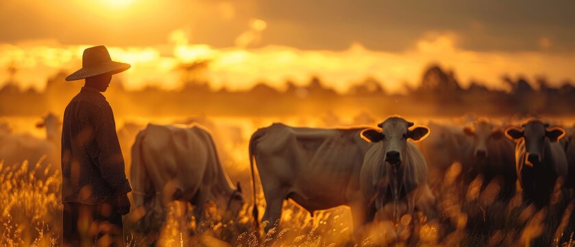 Standing before cattle on a farm is a herdsman