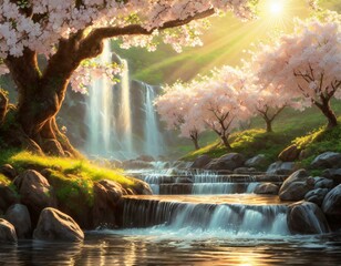 Majestic waterfall and cherry trees with radiant sunlight streaming through the branches
