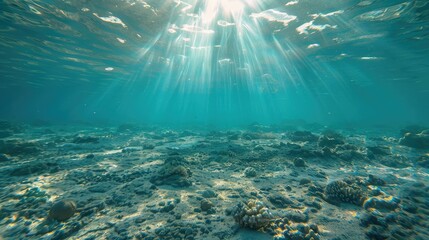 Fototapeta na wymiar Serene underwater scene with sunlight peering through the ocean surface