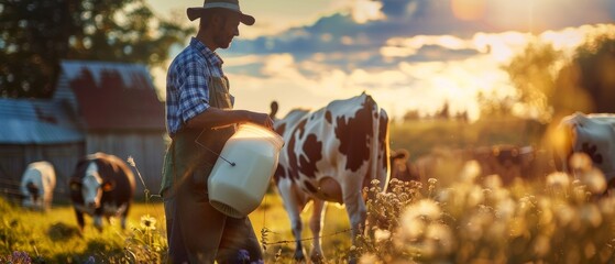 A real farmer is working on the organic farm with dairy cows holding a big milk container pot. - obrazy, fototapety, plakaty