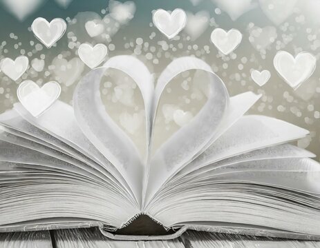 Close-up of an open book with pages folded into a heart shape, surrounded by glowing hearts