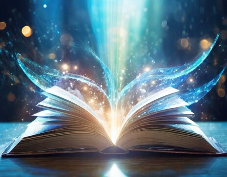 Open book with glowing pages symbolizes the magical power of knowledge on a mystical background