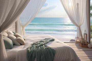 Fototapeta na wymiar Wave Sounds Retreat: Dreamy Beachfront Bedroom Inspirations