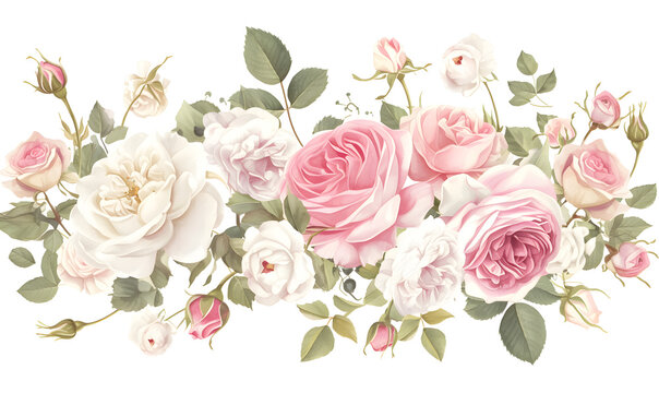 Panoramic view bouquet of roses,Digital draw illustration in watercolor style, Generative AI 