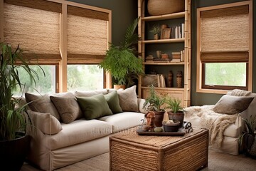 Bamboo Blinds Bliss: Earthy Organic Living Room Decor Concepts and Window Treatments