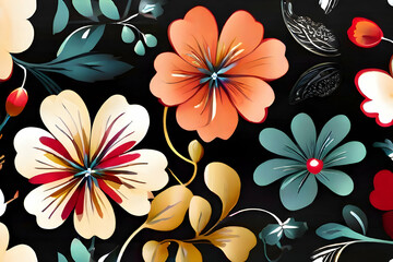 seamless pattern with flowers. design, spring, decoration, nature, illustration, art, summer, leaf, textile, texture, ornament, plant, vintage, Ai generated 