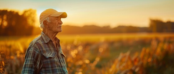 A senior farmer stands in a field and looks into the distance