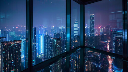 A panoramic view of a cityscape at night from a luxury hotel room, capturing the blend of business and leisure that defines modern corporate travel. - obrazy, fototapety, plakaty