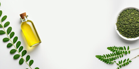 Moringa oil is used as a cosmetic. The concept is a healthy lifestyle. Banner with place for text.
