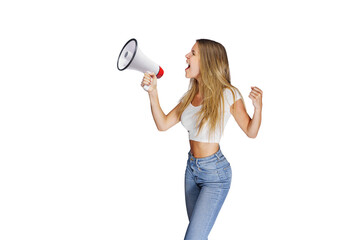 Young woman holding a megaphone, expressing success and positive concept, idea for marketing or...