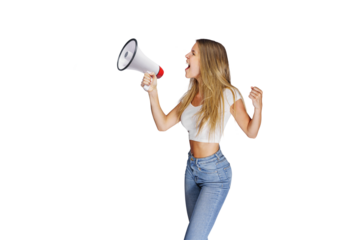 Young woman holding a megaphone, expressing success and positive concept, idea for marketing or sales.