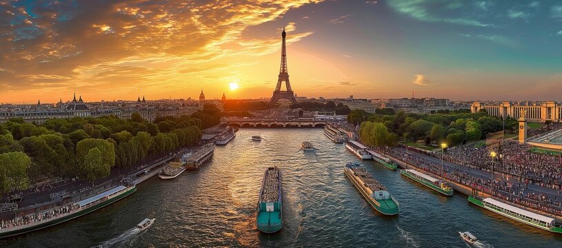 Aerial view on Paris, sunset view of the Eiffel Tower, river, crowded promenades, and tour boats in Paris. Olympic Games in Paris 2024