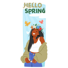 Hello Spring Banner With Joyous Young Girl Character In A Floral Wreath, Surrounded By Whimsical Butterflies
