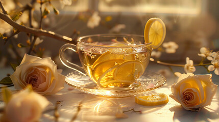 A crystalline teacup holding the essence of freshly brewed rose lemon tea. - obrazy, fototapety, plakaty