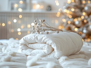 White Folded Duvet on White Bed - Winter Preparation and Home Textile Concept - Soft and Cozy Lighting - Clean and Minimalist Style