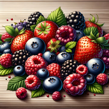 detailed illustration of an assortment of berries on a wooden surface, showcasing their vibrant colors and health