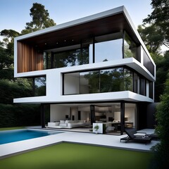 beautiful modern architect house with different floors located and pool in the garden 