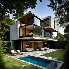 beautiful modern architect house with different floors located and pool in the garden 