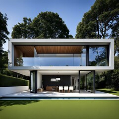 beautiful modern architect house with different floors located and pool in the garden 