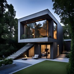 beautiful modern architect house with different floors located and pool in the garden 