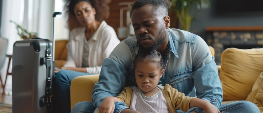 An unhappy diverse family sits in the living room at home. Father hugs his small daughter, while mother sits on the sofa. Parents are divorcing, child stays with mommy and dad leaves with suitcase.