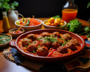 Delicious and nutritious homemade meatballs with fresh vegetables herbs and spices served in a traditional clay bowl