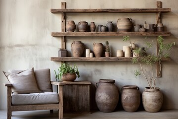 Fototapeta na wymiar Reclaimed Wood Shelves: Earthy Organic Living Room Decor with Rustic Charm